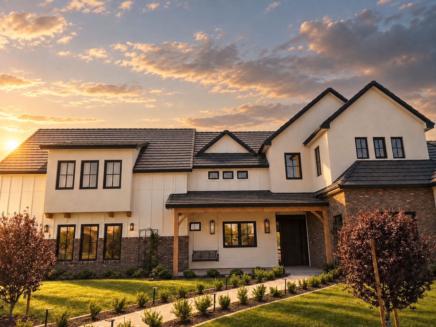 Modern farmhouse AZ-style suburban home at golden hour with white board-and-batten, cream stucco, brick veneer base, charcoal tile roof, and manicured lawn