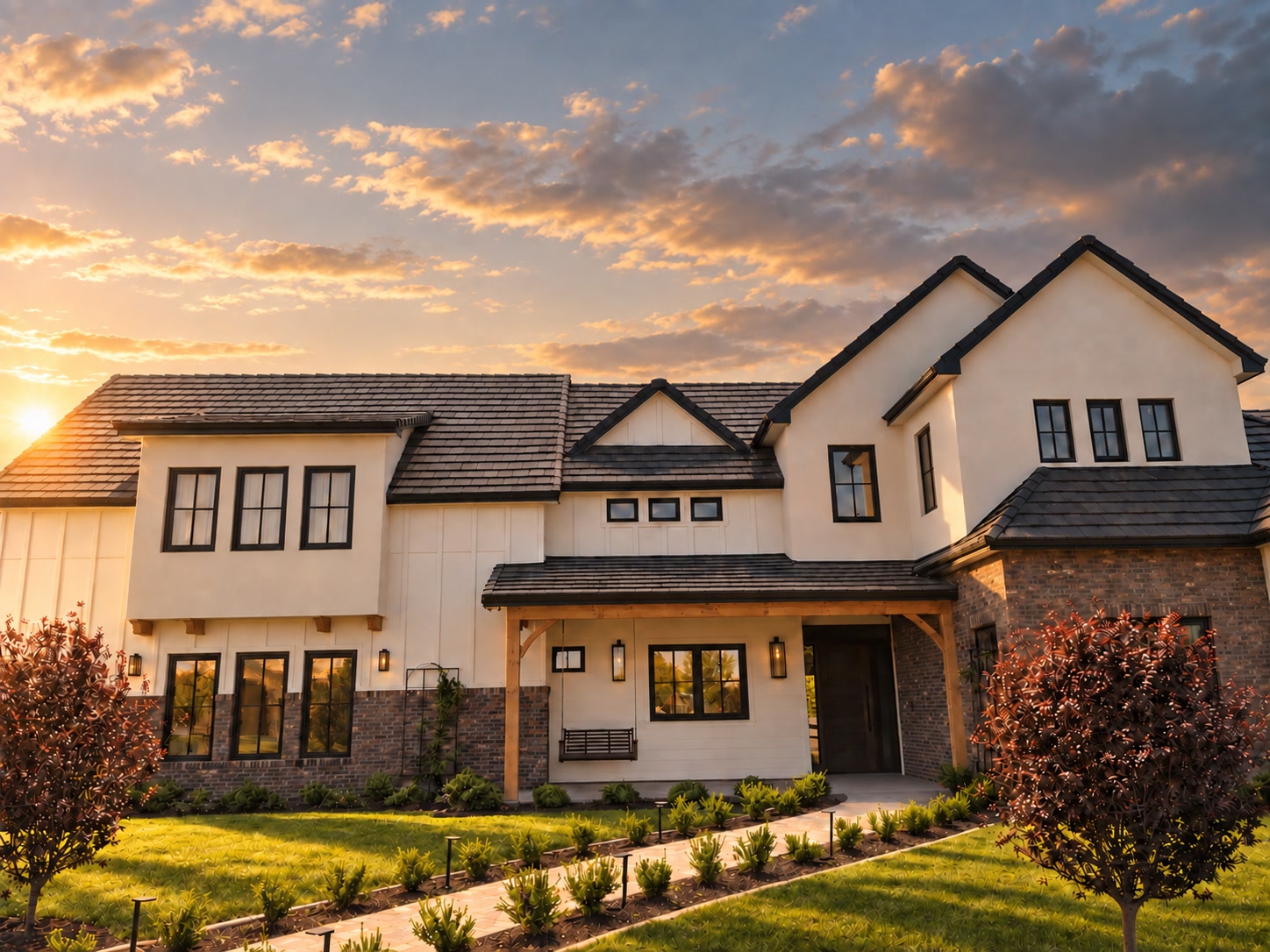 Modern farmhouse AZ-style suburban home at golden hour with white board-and-batten, cream stucco, brick veneer base, charcoal tile roof, and manicured lawn